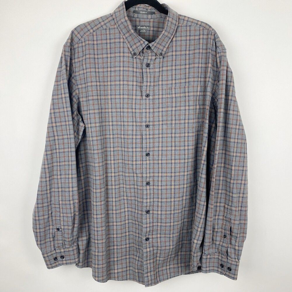 Eddie Bauer Relaxed Fit Plaid Button Down Shirt Mens TXL Gray Tall